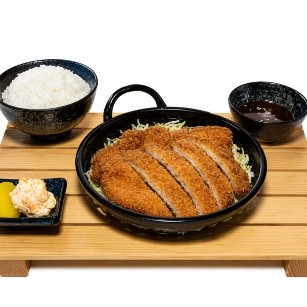 Crispy sliced tonkatsu with shredded cabbage, rice, sauce, and pickled vegetables on a wooden tray.